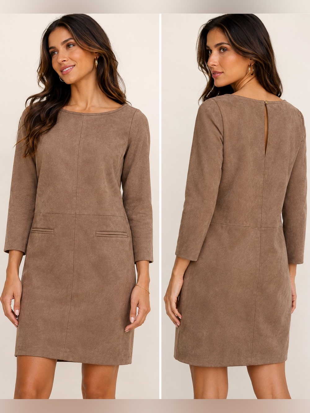 Ann Taylor Faux Suede Shift Dress Taupe Brown 0P Petite Long Sleeve Pockets